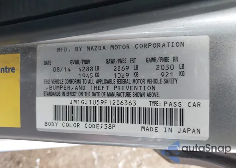 2015 Mazda Mazda6 I Sport z USA, uszkodzony, nr VIN JM1GJ1U59F1206363